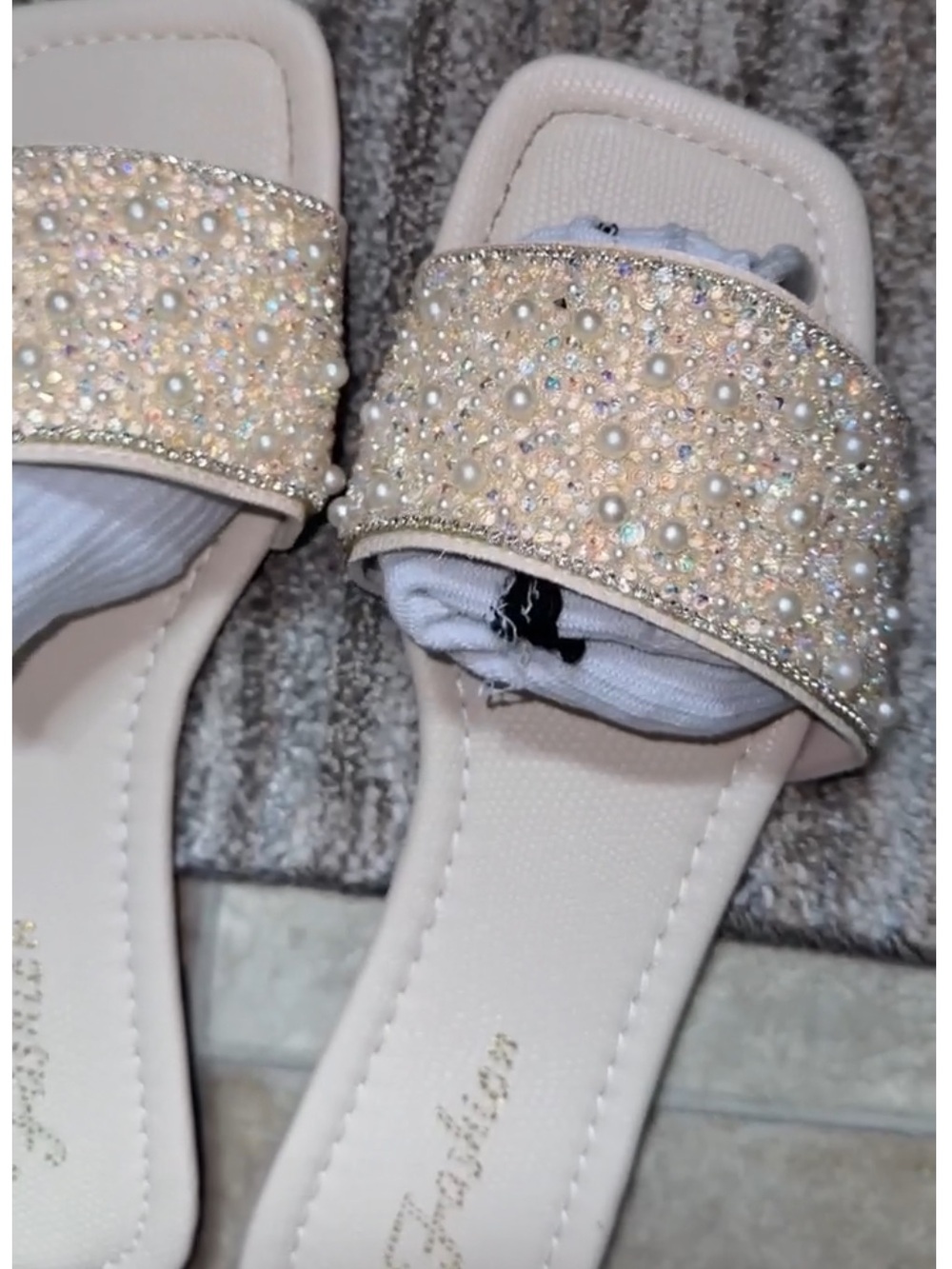 Pearl-Embellished Beige Slide Sandals